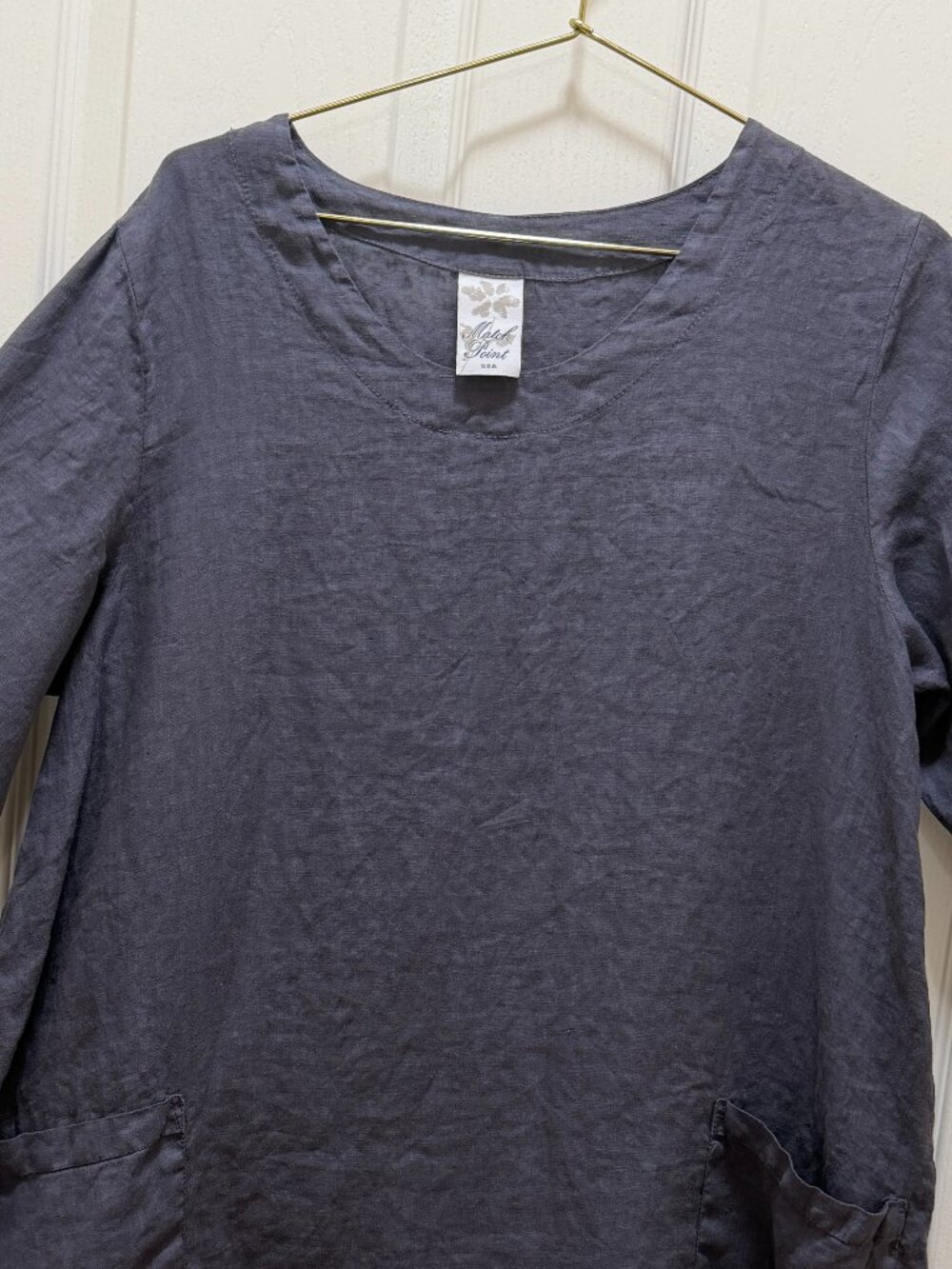 Match Point USA 100% Linen Tunic Top Size S Gray‎ Patch Pockets Lagenlook Boho - Picture 3 of 13